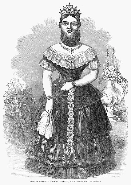 BEARDED LADY, 1853. Josephine Boisdechene (Madame Fortune Clofullia), P. T. Barnums Bearded Lady. Wood engraving, American, 1853