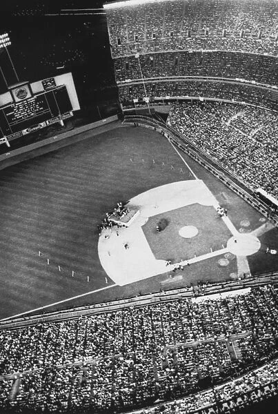 THE BEATLES, 1965. Aerial view of the crowd at a Beatles concert at Shea Stadium in New York City