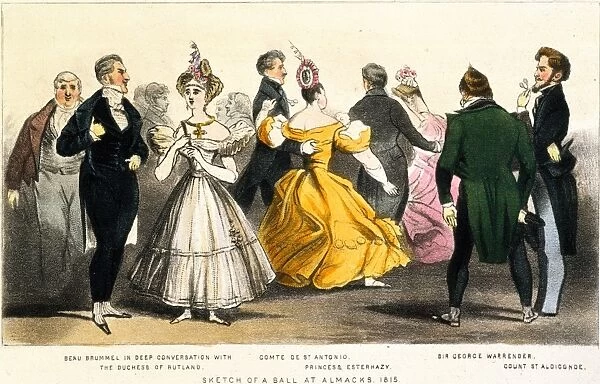 Beau Brummell (second from left) at a ball at Almacks in London in 1815. Color lithograph, 19th century