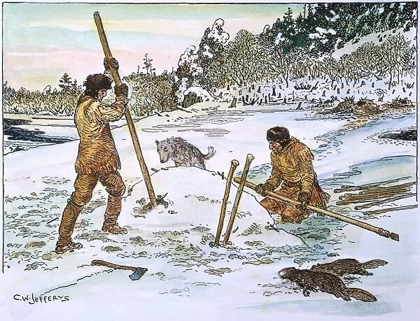 BEAVER HUNTING, 19th CENT. Native Americans, wearing leather clothing against the cold and snow