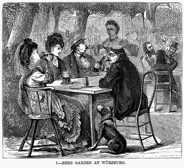 A Beer Garden at W├╝rzburg, Germany. Wood engraving, American, 1870