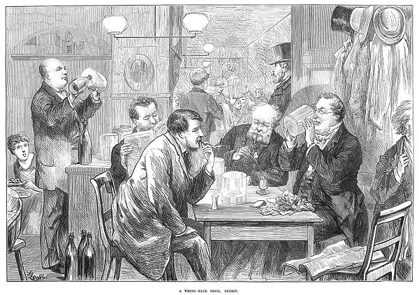 The beer room of a tavern in Berlin, Germany. Line engraving, English, 1873