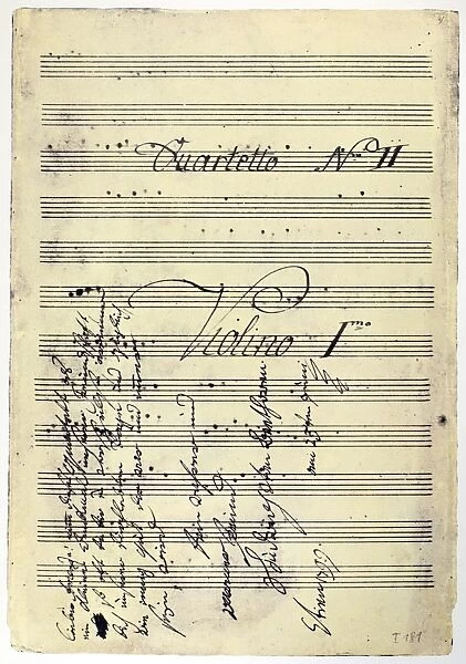 BEETHOVEN MANUSCRIPT, 1799. Copy of Ludwig van Beethovens String Quartet in F Major Op. 18 no. 1, with dedication to Carl Amenda in Beethovens hand, 1799