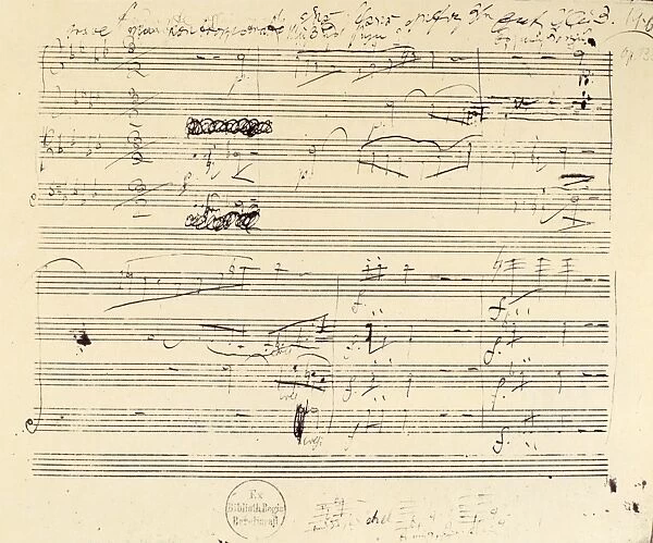 BEETHOVEN MANUSCRIPT, 1826. Manuscript page from Ludwig van Beethovens String Quartet in F Major, Op. 135, showing the beginning of the fourth movement, headed by the words Must it be? It must be, 1826