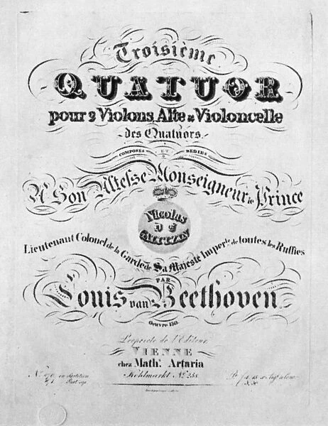 BEETHOVEN: OPUS, 1827. Title-page of the score for Ludwig van Beethovens Opus 130