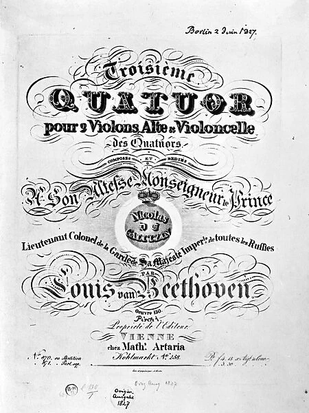 BEETHOVEN QUARTET, 1827. Ornamental title page by A