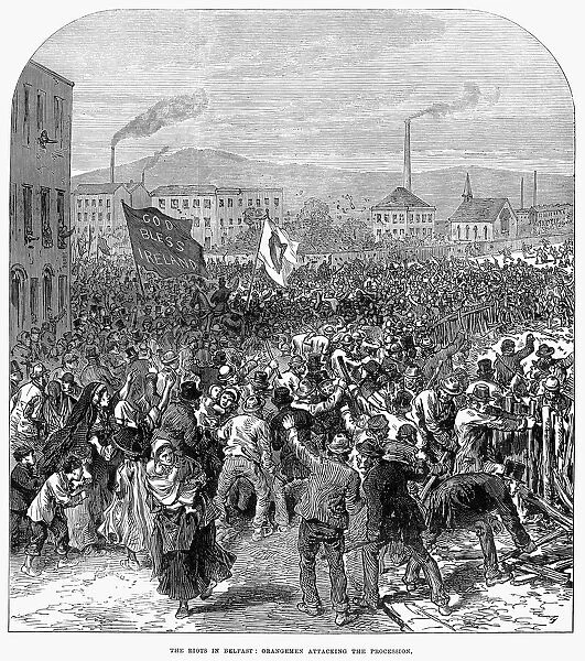 BELFAST: RIOT, 1872. Orangemen (Irish Protestants) attacking a Catholic procession in Belfast, Ulster, August 1872. Wood engraving from a contemporary English newspaper