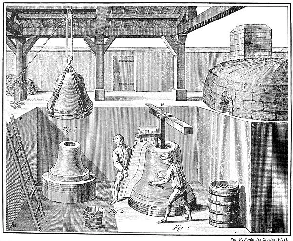 BELL CASTING, 1763. Workmen, casting bells, ready a mold to receive molten copper and tin. Copper engraving from Denis Diderots Encyclopedia, 1763