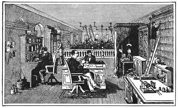 BELL LABORATORY, 1884. The Bell Telephone Laboratory. Engraving, 1884