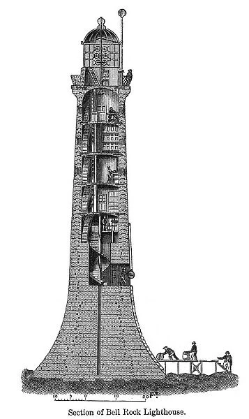 BELL ROCK LIGHTHOUSE. Scotland, built in 1808-1810. Wood engraving, 19th century