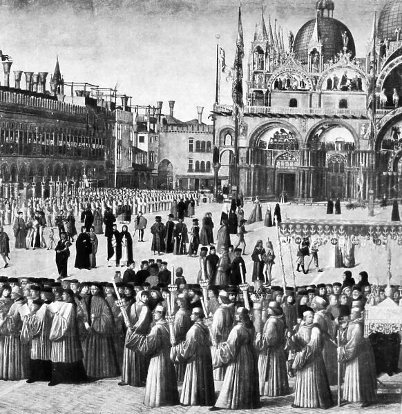 BELLINI: ST. MARKs SQUARE. Procession in St. Marks Square. Detail, oil on canvas