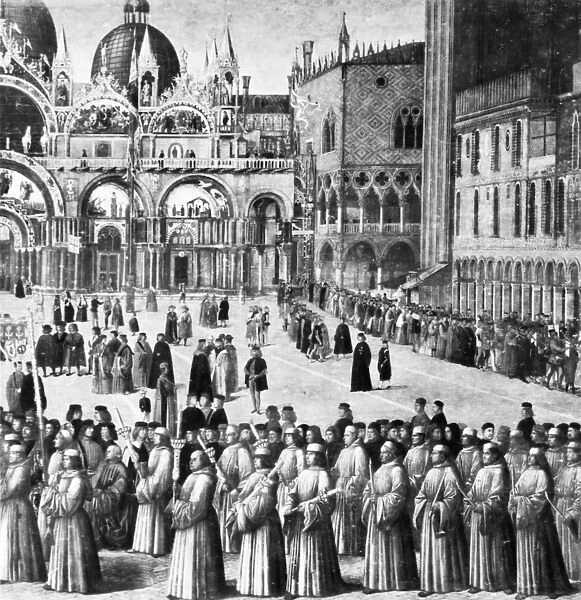 BELLINI: ST. MARKs SQUARE. Procession in St. Marks Square. Detail, oil on canvas