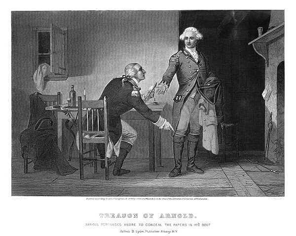 Benedict Arnold persuading Major John Andre to conceal the plans of West Point in his boot at their meeting on 21 September 1780. Steel engraving, American, 19th century