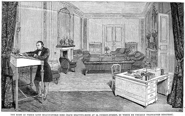 BENJAMIN DISRAELI (1804-1881). 1st Earl of Beaconsfield. English statesman and writer. The room at 19 Curzon Street, London, England, where Disraeli died. Wood engraving from an English newspaper of 1881