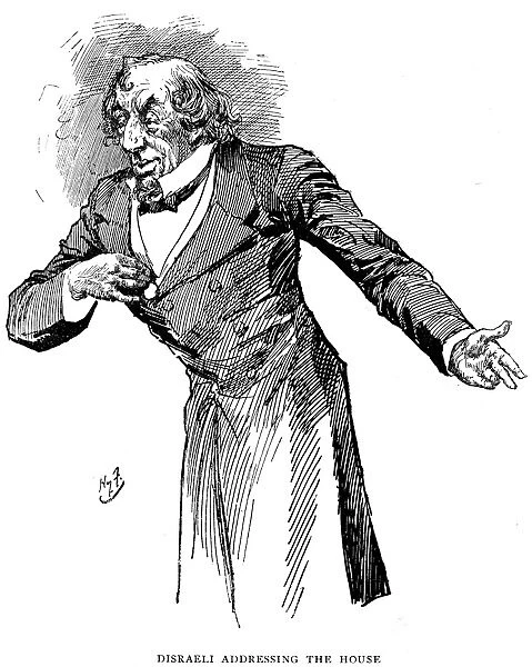 BENJAMIN DISRAELI (1804-1881). 1st Earl of Beaconsfield. English statesman and writer. Disraeli addressing the House. Pen-and-ink drawing by Harry Furniss (1854-1925)