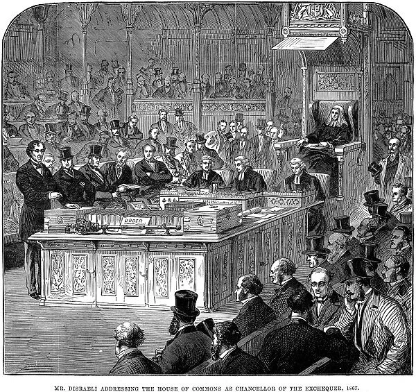 BENJAMIN DISRAELI (1804-1881). 1st Earl of Beaconsfield. English statesman and writer. Disraeli addressing the House of Commons in 1867. Wood engraving, 19th century