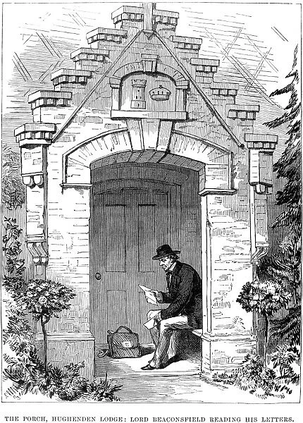 BENJAMIN DISRAELI (1804-1881). 1st Earl of Beaconsfield. English statesman and writer. Disraeli reading letters on his porch at Hughenden Manor. Wood engraving from an English newspaper of 1881