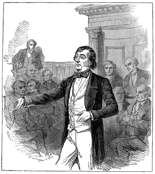 BENJAMIN DISRAELI (1804-1881). 1st Earl of Beaconsfield. English statesman and writer. Disraeli addressing the electors in the county hall, Aylesbury, England. Wood engraving from an English newspaper of 1852