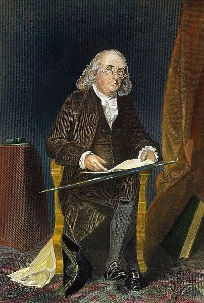 BENJAMIN FRANKLIN (1706-1790). American printer, publisher, scientist, inventor, statesman and diplomat. Colored engraving, 19th century