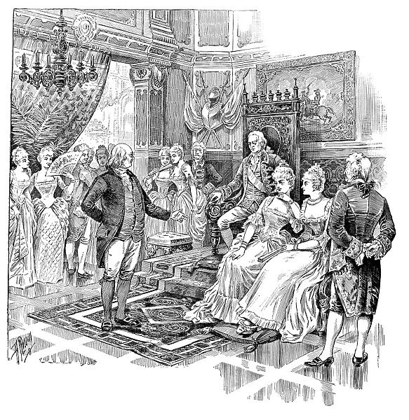 Benjamin Franklin being presented to King Louis XVI and Queen Marie Antoinette at the French court at Versailles in 1778. Line engraving, 19th century