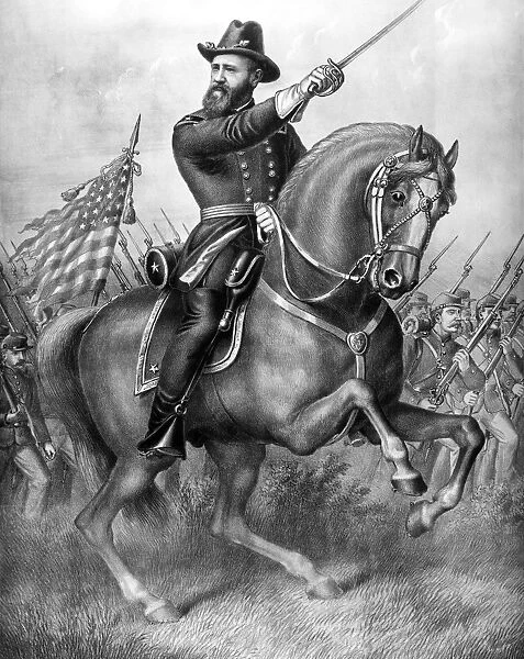 BENJAMIN HARRISON (1833-1901). 23rd President of the United States. Come on Boys! Harrison at the Battle of Resaca. Lithograph by Kurz and Allison, 1888