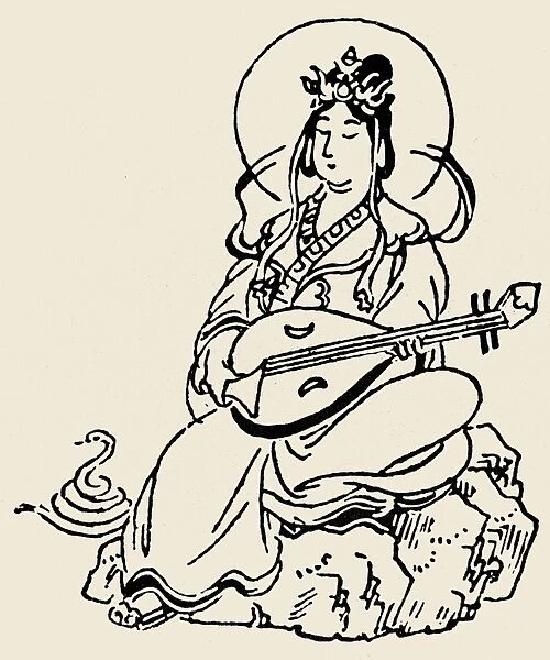 Benten, or Benzaiten, the Japanese Buddhist goddess of music, eloquence and wealth, playing a biwa. Line drawing