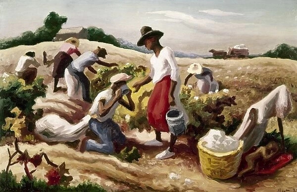 BENTON: FIELD WORKERS, 1945. Field workers picking cotton. Oil on canvas by Thomas Hart Benton, 1945