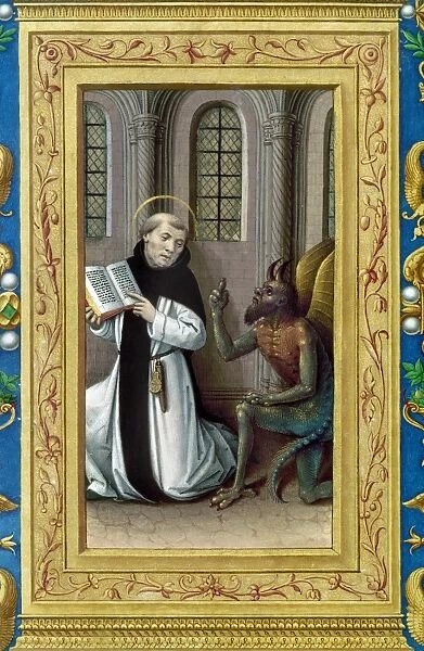 BERNARD de CLAIRVAUX (1190-1153). French theologian and reformer. Saint Bernard preaching to the Devil. Renaissance manuscript illumination