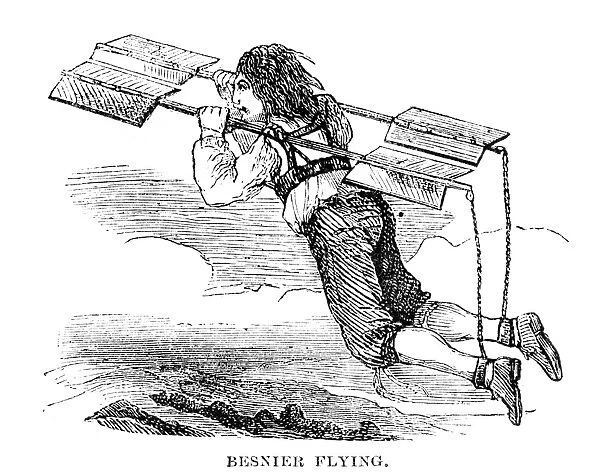 Besniers flying apparatus of 1678. Wood engraving, American, 1857