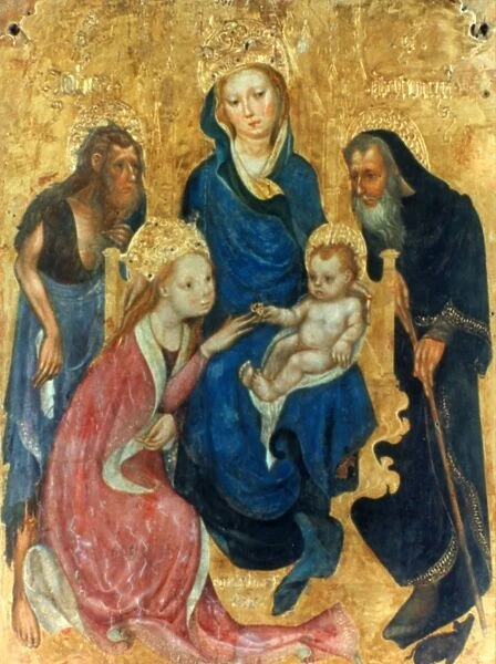 BESOZZO: ST. CATHERINE. Mystical Marriage of St. Catherine of Alexandria. St. Catherine kisses the hand of the infant Jesus, who is being held by the Virgin Mary. John the Baptist and Saint Anthony Abbot are in the background. Panel, c1404, by Michelino da Bessozzo