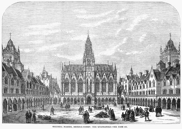 BETHNAL GREEN MARKET, 1869. Columbia Market, Bethnal-Green: The Quadrangle. A model marketplace adjoining the model lodgings built for working-class families in Bethnal Green, London, England. Wood engraving, English, 1869