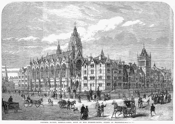 BETHNAL GREEN MARKET, 1869. Columbia Market, a model marketplace adjoining the model lodgings built for working-class families in Bethnal Green, London, England. Wood engraving, English, 1869