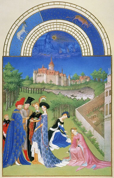 A betrothed couple exchanging rings in April: illumination from the 15th century manuscript of the Tres Riches Heures of Jean, Duke of Berry
