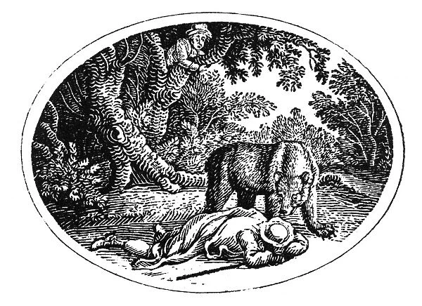 BEWICK: MAN AND BEAR. Wood engraving, early 19th century, by Thomas Bewick (1753-1828)