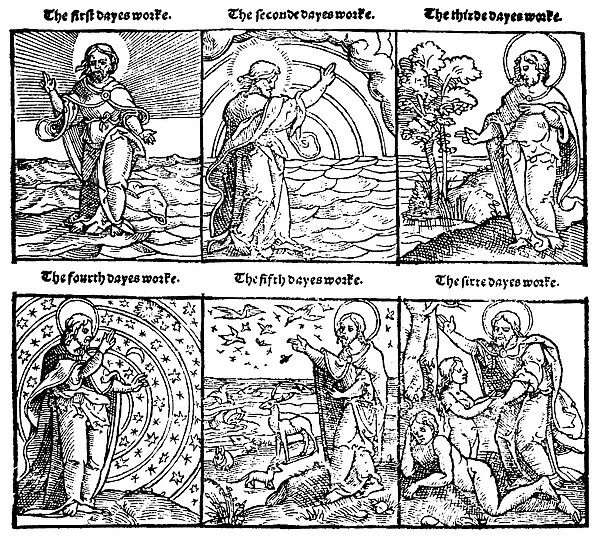 BIBLE: THE CREATION. Woodcut from Miles Coverdales Bible, 1535, depicting the