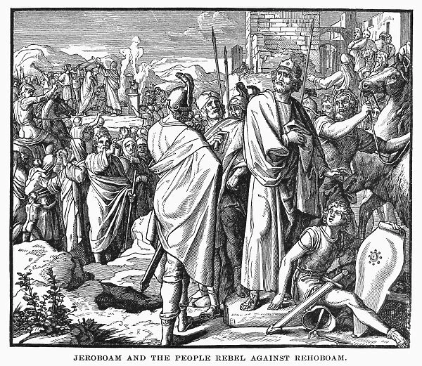 BIBLE: JEROBOAM. Jeroboam and the people rebel against Rehoboam, King of Judah, during the 10th century B. C. Line engraving, 19th century