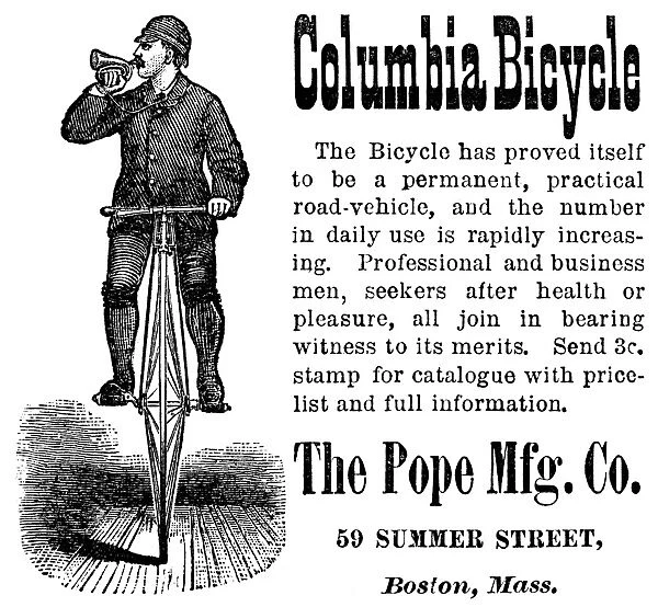 BICYCLE AD, 1880. American newspaper advertisement for the Columbia bicycle, 1880