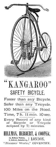 BICYCLE AD, 1885. English newspaper advertisement for the Kangaroo safety bicycle, 1885