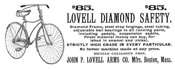 BICYCLE ADVERTISEMENT, 1890. Advertisement for Lovell bicycles, American, 1890