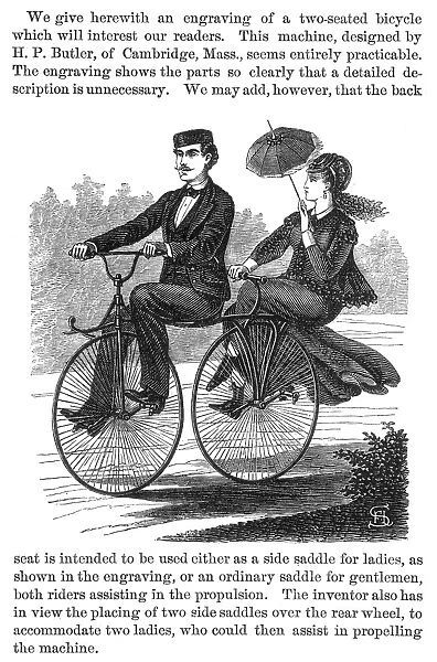 BICYCLE BUILT FOR TWO. Wood engraving, 1869, American