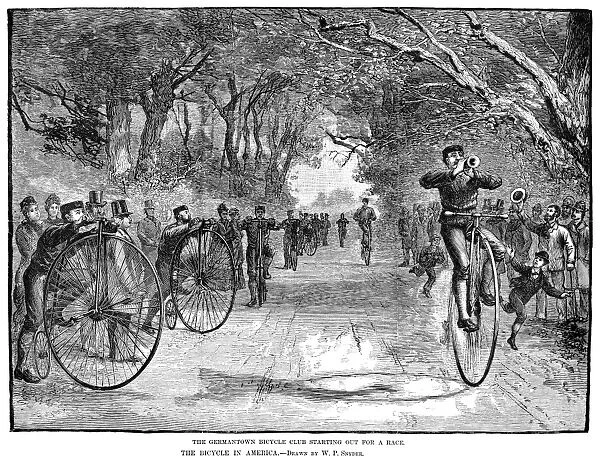 BICYCLE CLUB RACE, 1880. The Germantown (Pennsylvania) Bicycle Club Starting out for a Race. Wood engraving, 1880, after W. P Snyder