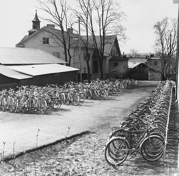 Bicycle parking lot for students of a school at Arvika, Sweden, 1958