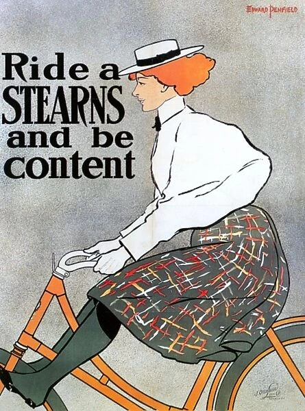 BICYCLE POSTER, 1896. Ride a Stearns and be Content. American lithograph advertising poster by Edward Penfield for Stearns bicycles, 1896
