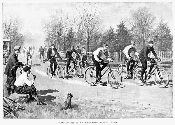 BICYCLE RACE, 1896. A Century Run - On the Homestretch. Illustration by Arthur Burdett Frost from an American newspaper of 1896