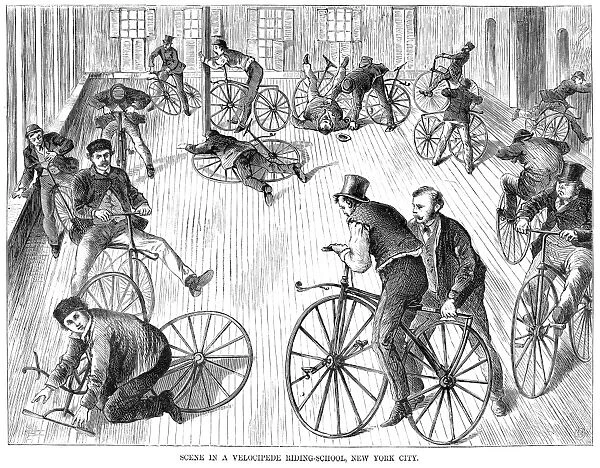 BICYCLE SCHOOL, 1869. A bicycle riding school in New York City at the time of the first American bicycle craze of 1869. Line engraving from a contemporary American newspaper