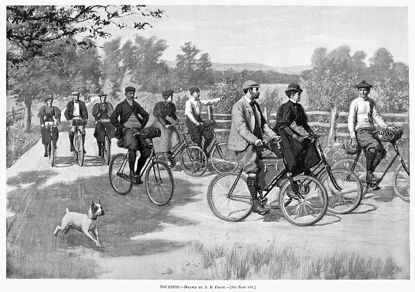 BICYCLE TOURISTS, 1896. A group of bicycle tourists enjoying a ride through the countryside. American newspaper illustration by Arthur Burdett Frost, 1896