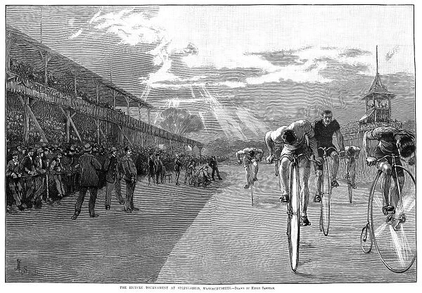 BICYCLE TOURNAMENT, 1886. The Bicycle Tournament at Springfield, Massachusetts. Wood engraving, 1886, after Henry Sandham