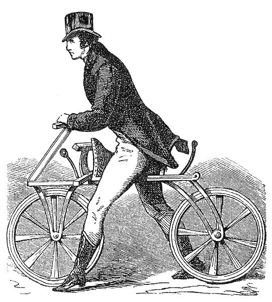 BICYCLES: DRAISINE, 1816. The Draisine, or Pedestrian Curricle, invented by Karl von Drais de Sauerbrun in 1816. Wood engraving, 19th century