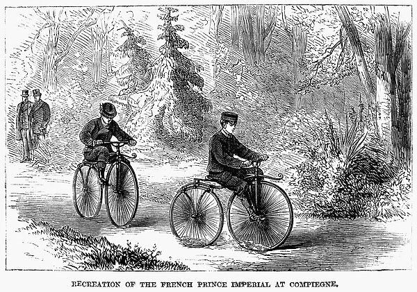 BICYCLES: FRANCE, 1868. Prince Napoleon of France (1856-1879) peddling a velocipede through the forest at Compiegne in 1868. Contemporary wood engraving