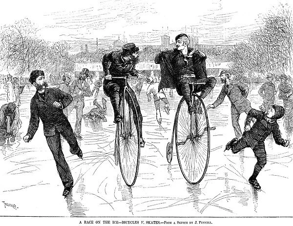BICYCLES ON ICE, 1881. A race between cyclists and skaters on a frozen stretch of the Schuylkill River, Philadelphia, Pennsylvania, 1881. Wood engraving from a contemporary American newspaper